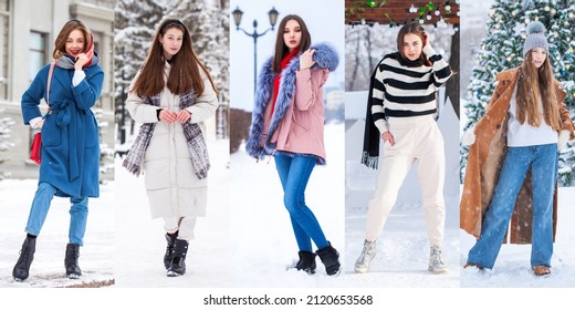 Collage Winter Fashion. Full Body Portrait Of A Young Beautiful Women