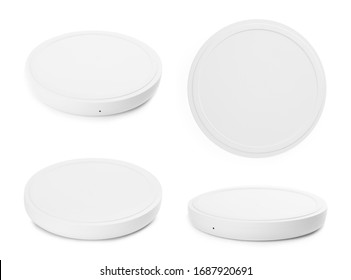 Collage with wireless chargers on white background
