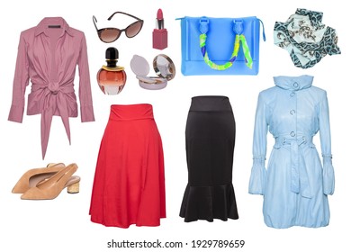 Collage Woman Clothes. Set Of Stylish And Luxurious Trendy Women Coat, Skirts, A Blouse Or Shirt, Handbag And Accessories Isolated On A White Background. Latest Fashion Trends.