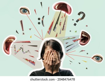 Collage with a woman covering her face and screaming mouths. Bullying, abuse, harassment. Concept. - Shutterstock ID 2048476478
