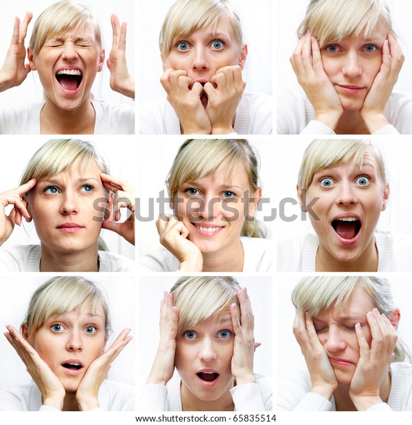 Collage of woman\
different facial\
expressions