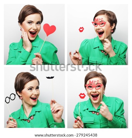 Collage of woman different facial expressions.Ready for party. 