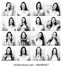 Collage of woman different facial expressions.Studio shot. - Shutterstock ID 406989457