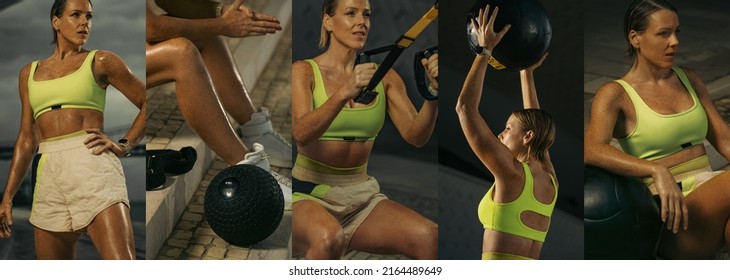 Collage with woman in fitness wear doing workout with a heavy medicine ball and trx straps outdoors. Sporty girl with fit body in sportswear with equipment.
