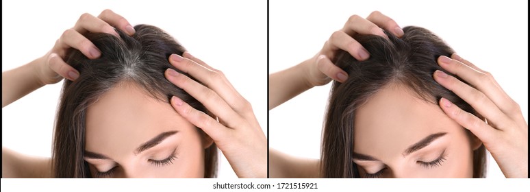 Collage of woman with grey hair before and after coloring on white background. Banner design