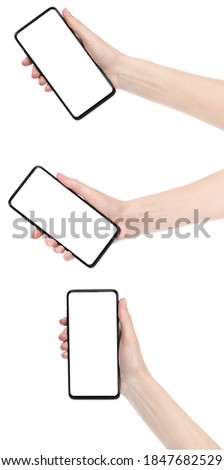 Collage woman hand holding the black new smartphone with blank screen isolated white background. set female  hands using phone clipping path