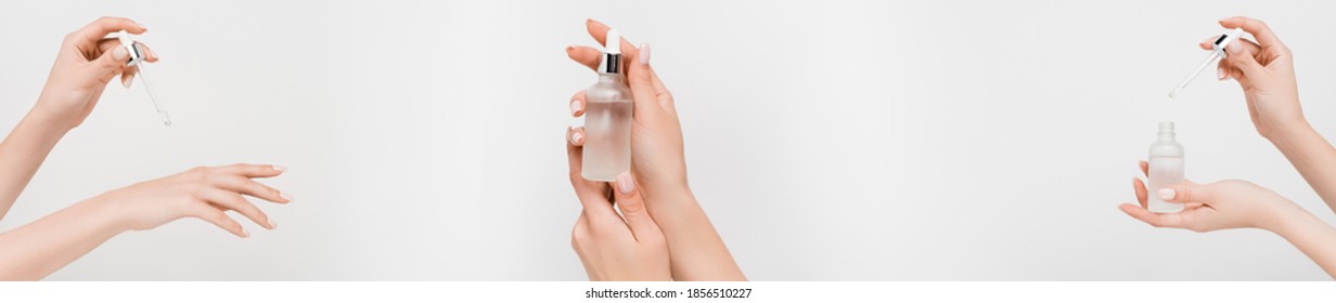 Collage Of Woman Holding Bottle With Serum And Pipette Isolated On White