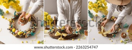 Collage of woman making beautiful Easter wreath