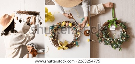 Collage of woman making beautiful Easter wreaths at home