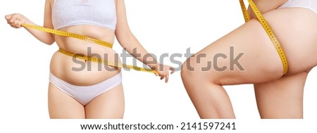 Collage of woman measuring her fat belly and hips with tape.