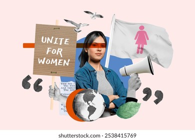 Collage of a woman with a megaphone, Unite for Women protest sign and a globe. Empowering woman rights activism collage design. Diverse elements emphasize women's rights collage - Powered by Shutterstock