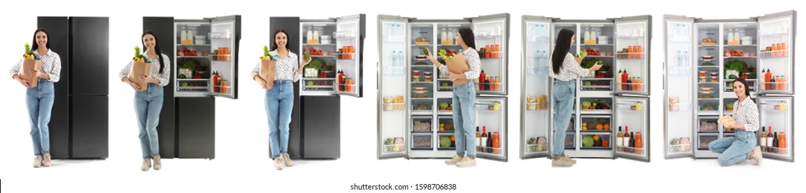Collage of woman near open refrigerators on white background