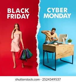 Collage. Woman in pink dress holding shopping bags and credit card. Man sits at a desk and buying goods via phone. Concept of Black Friday, Cyber Monday, online and offline shopping - Powered by Shutterstock