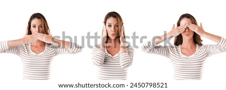 Collage, woman in portrait and surprise in white background with comic, goofy and hands on face in studio. Female person, funny and comedy with different emotion, silly expression or reaction