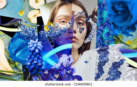 Collage of woman portraits, neon lights, flowers and apples. Spring composition in blue, white and green colors