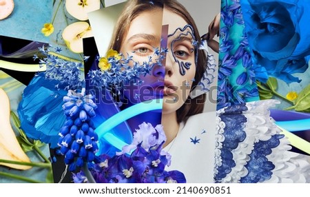 Collage of woman portraits, neon lights, flowers and apples. Spring composition in blue, white and green colors