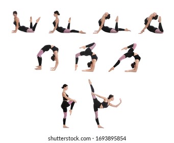Collage of woman practicing yoga on white background