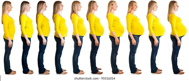 Collage of woman in pregnancy stages isolated on white