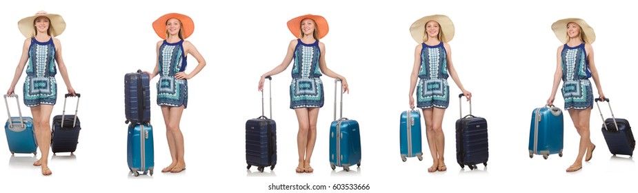 Collage of woman preparing for summer vacation isolated on white - Shutterstock ID 603533666