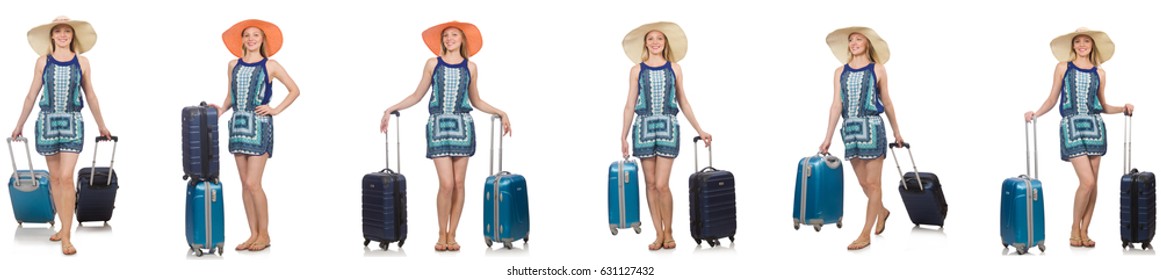 Collage of woman preparing for summer vacation isolated on white - Shutterstock ID 631127432