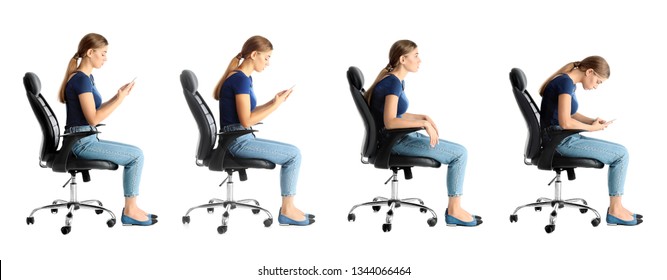 Collage Of Woman Sitting On Chair Against White Background. Posture Concept