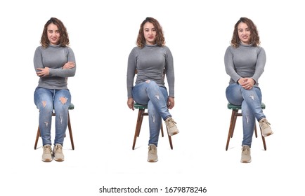 collage of a woman sitting on a chair in white background, front view,