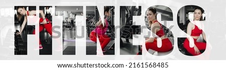 Collage of woman in sportswear performing various exercises in the gym with fitness word overlay