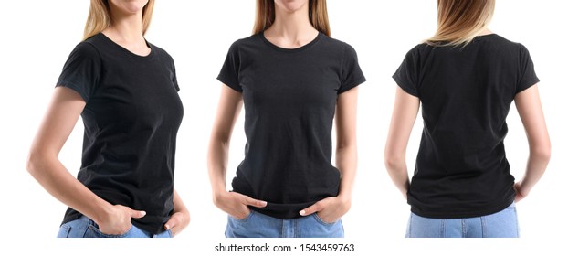 Collage with woman in stylish t-shirt on white background