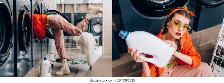 collage of woman in sunglasses holding bottle with detergent near washing machines in laundromat - Powered by Shutterstock