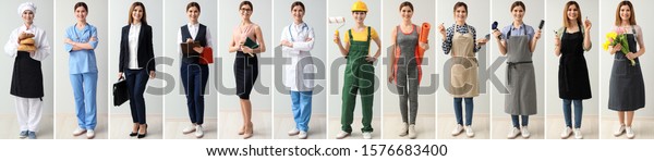 Collage\
with woman in uniforms of different professions\
