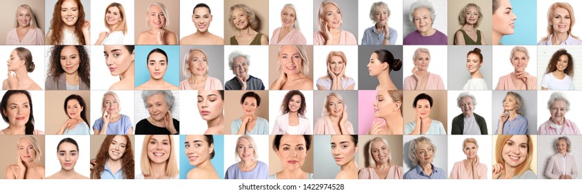 Collage of women with beautiful faces against color background