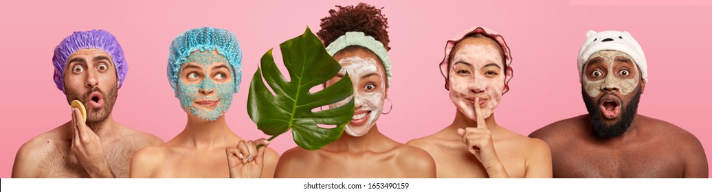 Collage Of Women And Men Care About Complexion, Apply Facial Masks, Stand With Bare Shoulders, Stand Against Pink Background. Beauty Treatment, Grooming And Wellbeing Concept. Set Of People.