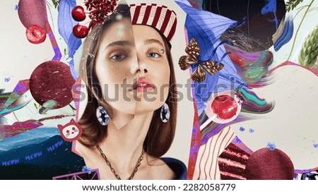 Collage of women portraits with berries, sweets and detailed abstract composition. Chaotic composition