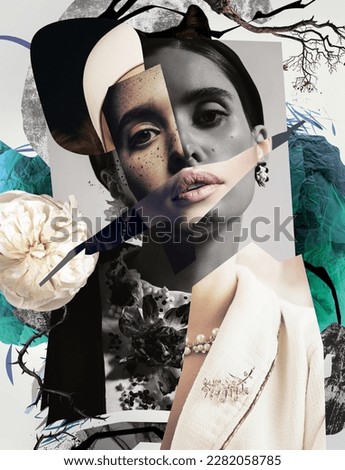 Collage of women's portraits in black and white jacket and white peony. Casual composition