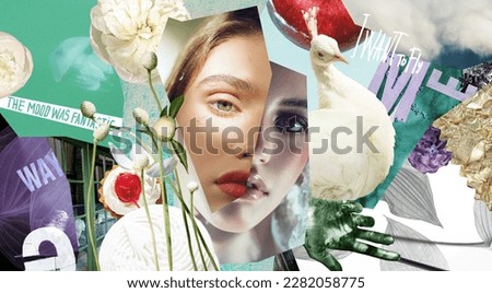 Collage of women's portraits with white peacock, white flowers and sweets. Casual detailed composition