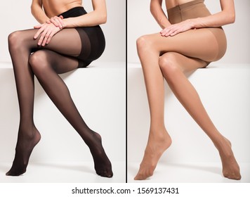 Collage. Women's sexy legs in different tights. Gray background.