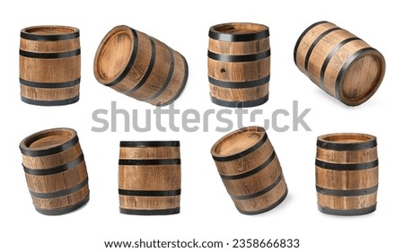 Collage of wooden barrel on white background, different sides