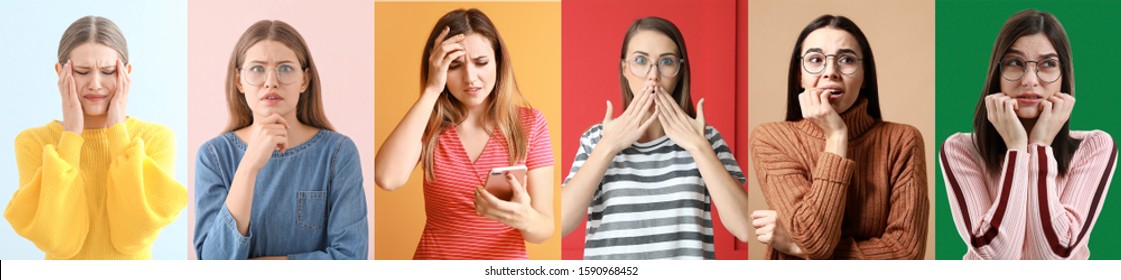 Collage with worried young women on color background - Shutterstock ID 1590968452