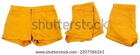 collage of yellow shorts isolated on white background