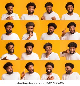 Collage of young african american man portraits with different emotions and gestures over yellow background