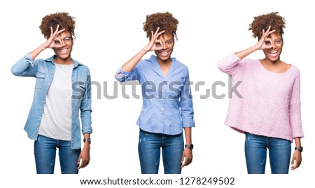 Collage of young beautiful african girl over isolated background doing ok gesture with hand smiling, eye looking through fingers with happy face.