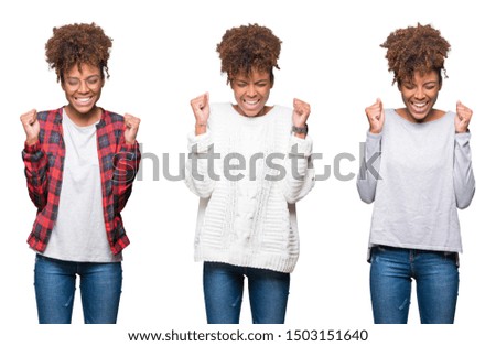 Collage of young beautiful african girl over isolated background excited for success with arms raised celebrating victory smiling. Winner concept.