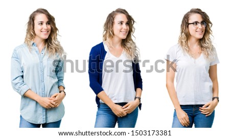 Collage of young beautiful blonde girl over isolated background looking away to side with smile on face, natural expression. Laughing confident.