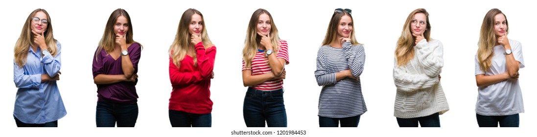 Collage of young beautiful blonde woman over isolated background looking confident at the camera with smile with crossed arms and hand raised on chin. Thinking positive. - Shutterstock ID 1201984453