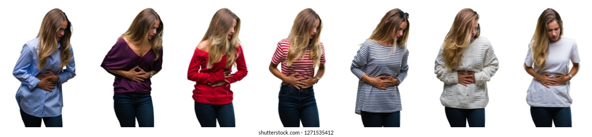 Collage of young beautiful blonde woman over isolated background with hand on stomach because nausea, painful disease feeling unwell. Ache concept. - Shutterstock ID 1271535412