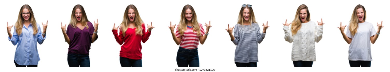 Collage of young beautiful blonde woman over isolated background shouting with crazy expression doing rock symbol with hands up. Music star. Heavy concept. - Shutterstock ID 1293621100