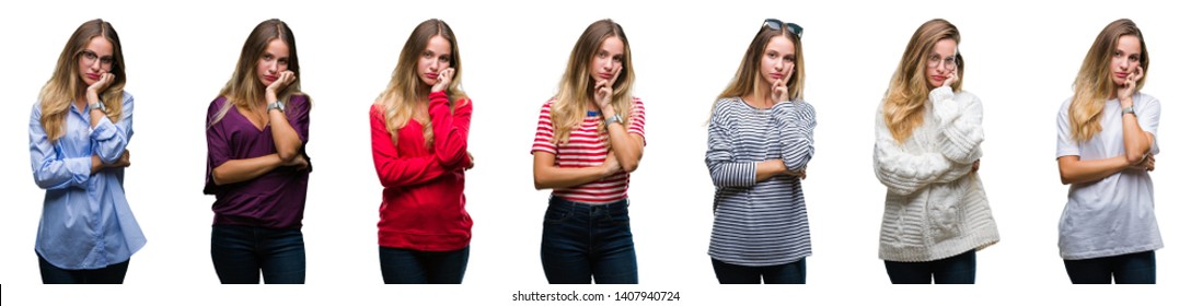 Collage of young beautiful blonde woman over isolated background thinking looking tired and bored with depression problems with crossed arms. - Shutterstock ID 1407940724