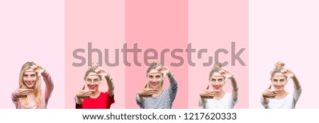 Collage of young beautiful blonde woman over vivid colorful vintage pink isolated background smiling making frame with hands and fingers with happy face. Creativity and photography concept.