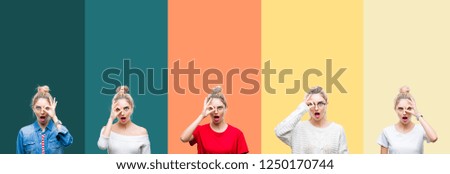 Collage of young beautiful blonde woman over vivid colorful vintage stripes isolated background doing ok gesture shocked with surprised face, eye looking through fingers. Unbelieving expression.