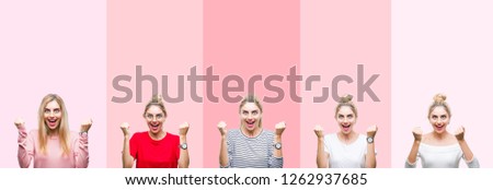 Collage of young beautiful blonde woman over vivid colorful vintage pink isolated background celebrating surprised and amazed for success with arms raised and open eyes. Winner concept.